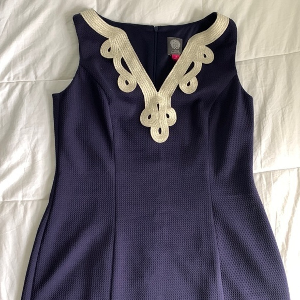 Navy Sleeveless Dress with Gold Trim